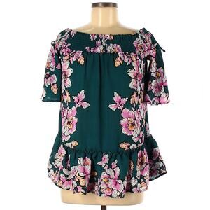 Signature Studio Teal Pink Florals Off Shoulder Ruffle Trim Blouse Top S